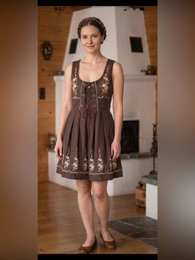 Dirndl Trachtenhaus Brown Embroidered Bavarian Dress EU 50